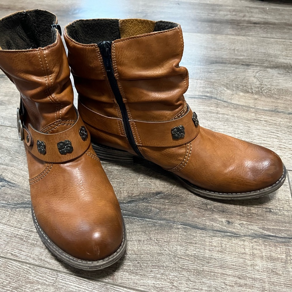 Reiker Tan Leather Heeled Ankle Boots With Buckle Detail Size 39